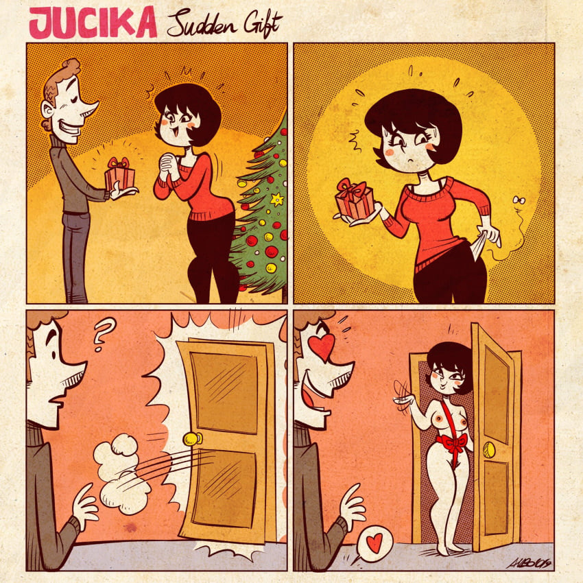 1boy 1girls ? albo blush blush_stickers christmas christmas_tree clothing come_hither comic erection female female_pubic_hair gift human jucika male mostly_nude naked_ribbon naughty_face nude nude_female panels present pubic_hair retro_style ribbon sweater textless webcomic