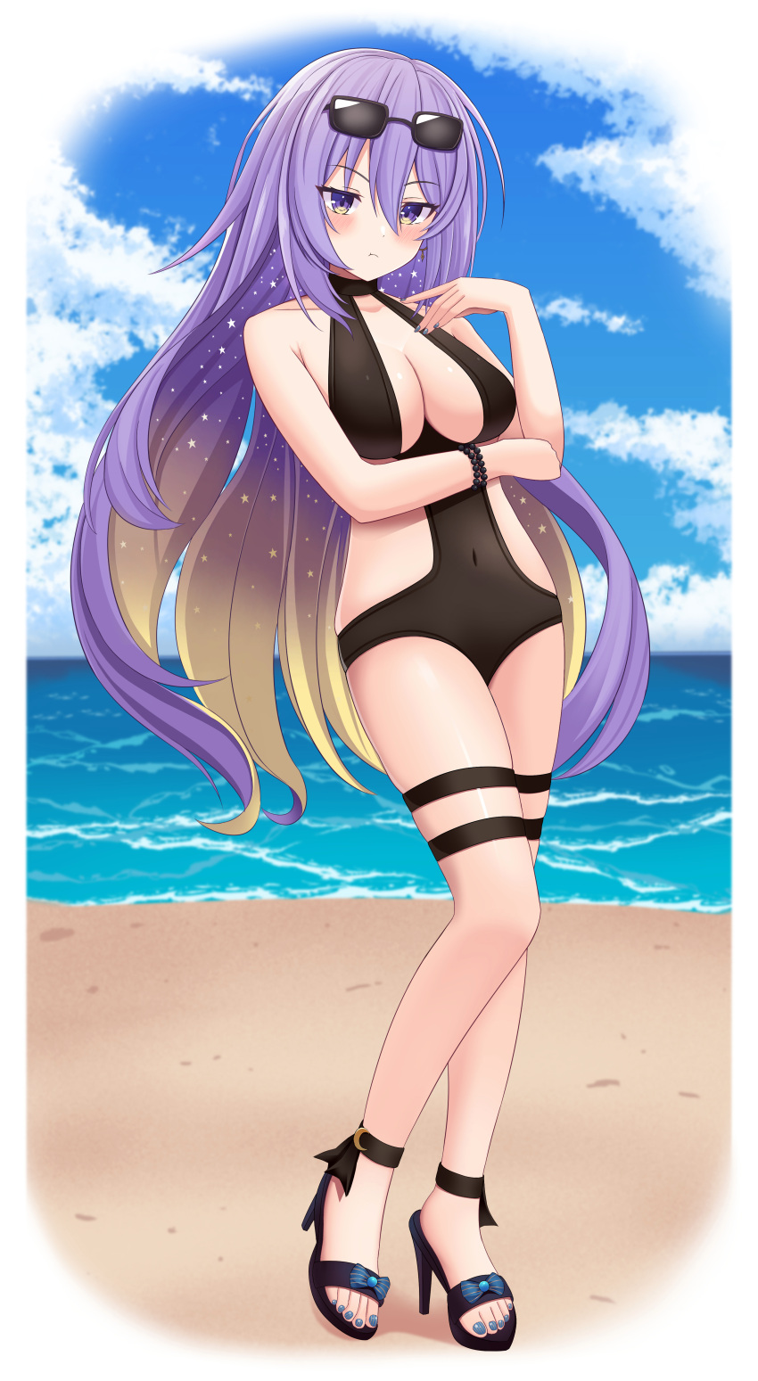 1girls :/ beach big_breasts black_swimsuit blue_toenails boob_window colored_nails feet female female_only heels hololive hololive_indonesia hololive_indonesia_holoro long_hair moona_hoshinova one-piece_swimsuit purple_hair ravengenesis sunglasses_on_head thick_thighs virtual_youtuber