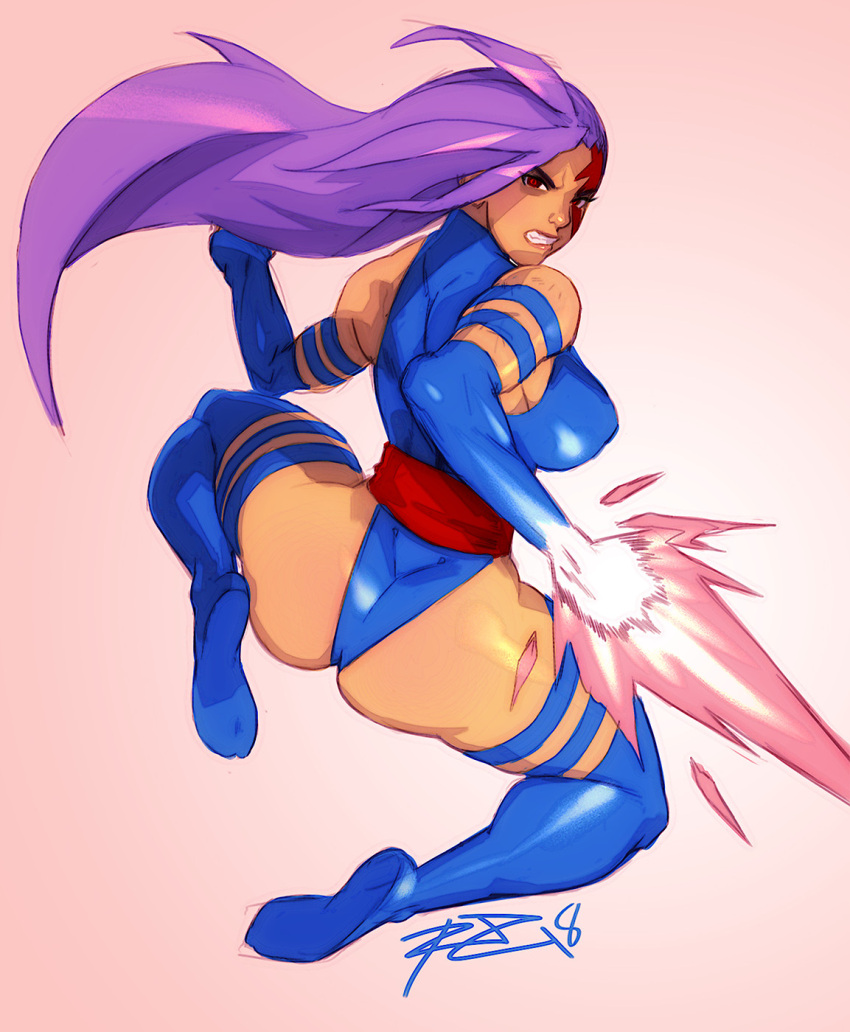 1girls action_pose angry back_view betsy_braddock big_ass blue_elbow_gloves blue_leotard blue_thighhighs breasts butt_crack elbow_gloves elizabeth_braddock energy kwannon marvel psylocke x-men