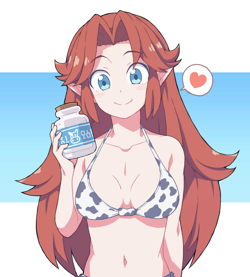 1girls 2018 bra cow_bikini cow_print cow_print_bikini cremia female_only fictional_language heart hylian_text lon_lon_milk majora's_mask malon medium_breasts milk moo_bitch ocarina_of_time pointy_ears red_hair simple_background solo solo_female the_legend_of_zelda yokoyoko