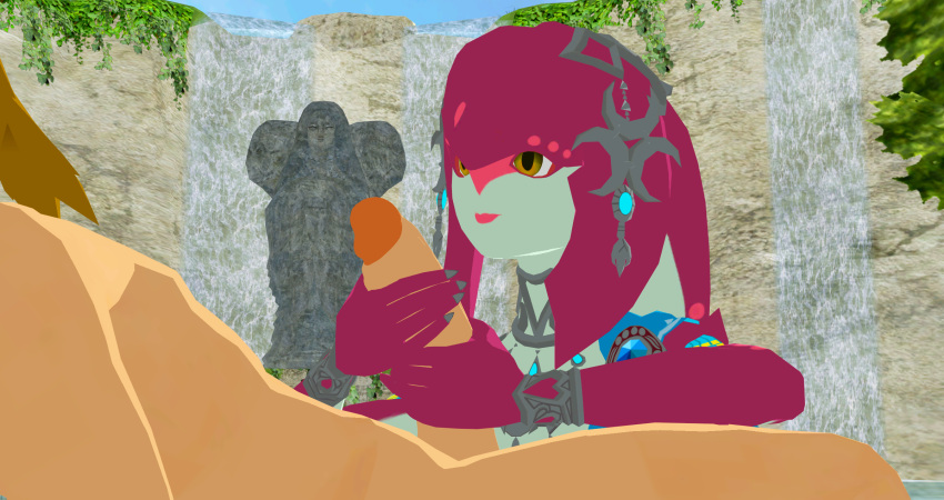 1boy 1girls 3d breath_of_the_wild cel_shading female holding_penis hylian link link_(breath_of_the_wild) male mipha nintendo outdoors outside penis the_legend_of_zelda unseen_male_face yesimtaco zora