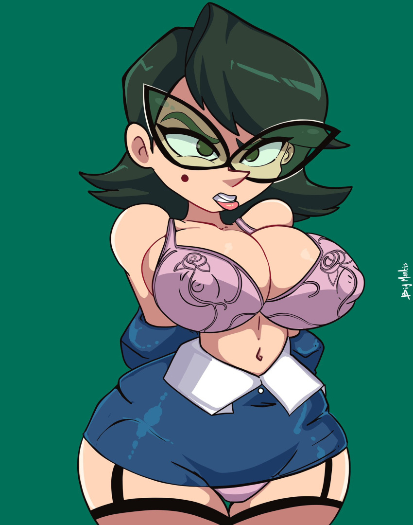 1girls bangs big_breasts bigmantis black_hair blue_dress breasts buttoned_shirt cartoon_network cleavage dress eleanor_butterbean erect_nipples exposed_bra exposed_panties female female_only garter_straps glasses green-tinted_eyewear large_breasts mole_under_eye open_shirt panties short_hair stockings sunglasses the_grim_adventures_of_billy_and_mandy thick_thighs tinted_eyewear wide_hips