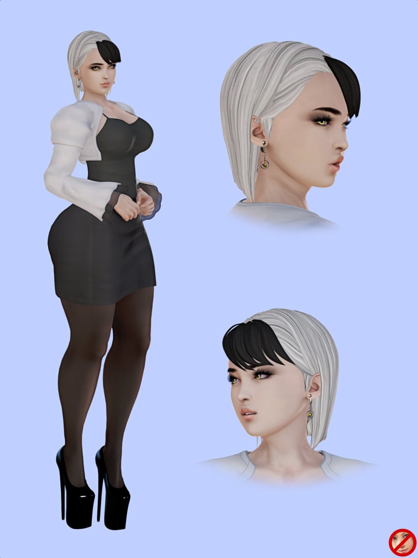 3d big_ass big_breasts business_suit business_woman character_sheet earrings high_heels ihateasuka makeup office_lady original_character outfit pantyhose platform_footwear platform_heels secretary simple_background skirt suit thick_eyebrows thick_thighs two_tone_hair white_hair yellow_eyes