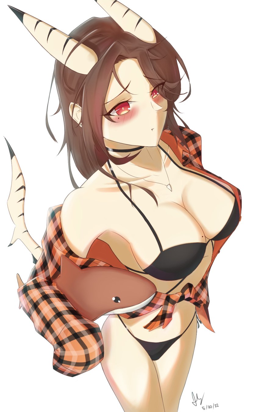 1girls 2022 big_breasts bikini blush collarbone dated good_art haysukey open_shirt panties plaid plaid_shirt roblox roblox_avatar roblox_game shark_girl shark_plush shark_tail sharkie_sven tagme zeppelin_wars