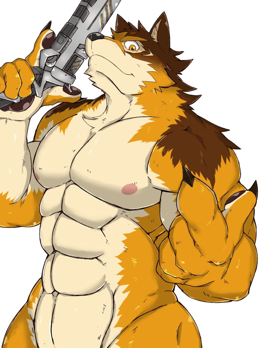 3:4 abs anthro barrel_(live_a_hero) beckoning canid canine canis gesture gun handgun hi_res inuyama_kensin live-a-hero male mammal muscular muscular_anthro muscular_male nipples nude pecs pistol ranged_weapon weapon wolf