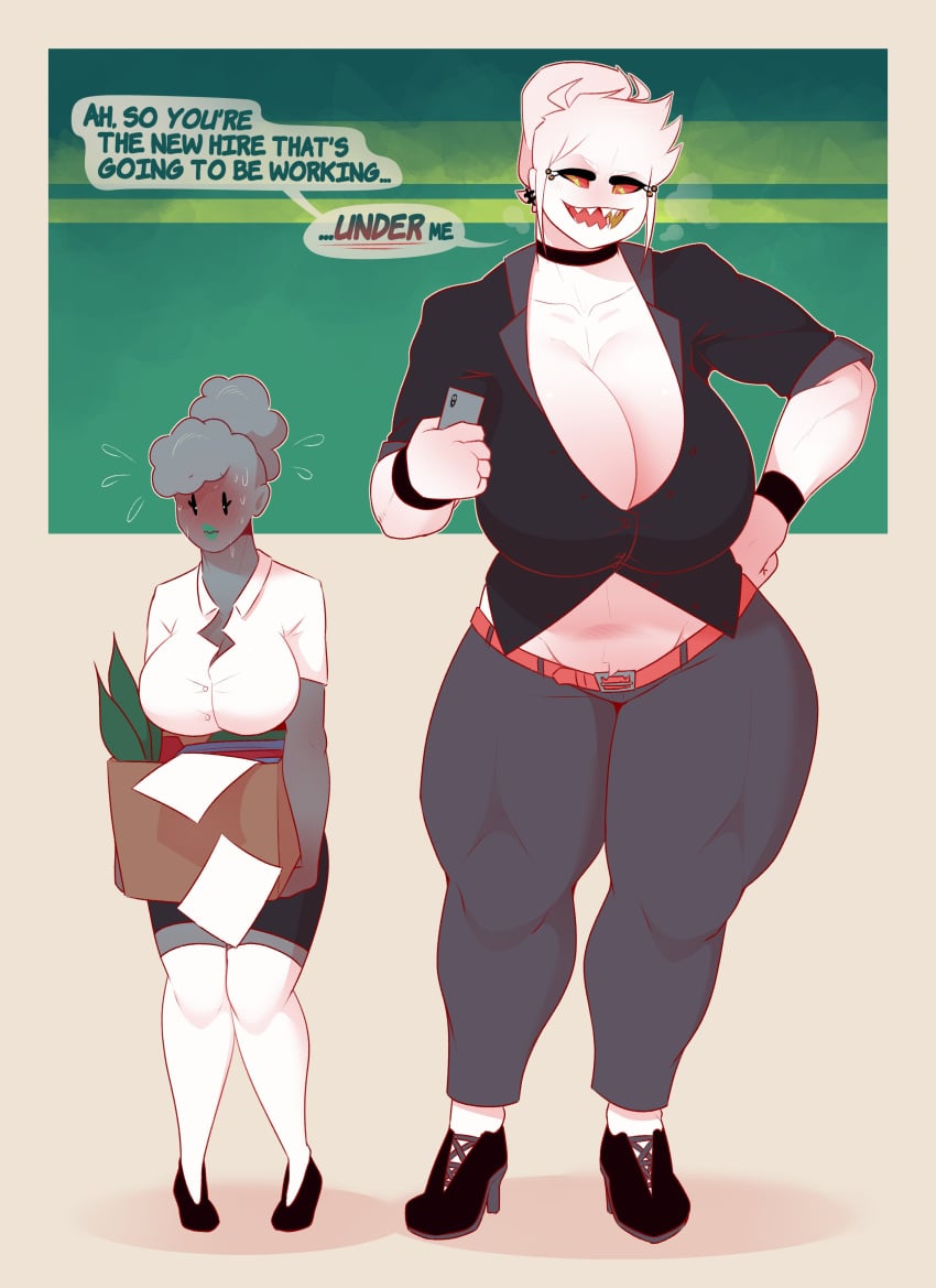 2girls absurd_res anthro breast_size_difference choker cleavage clothing dabble dialogue english_text female female_only green_eyes looking_at_another muscular muscular_female piercing red_sclera sharp_teeth size_difference sugar_(dabbledraws) text_bubble tied_hair white_body white_hair