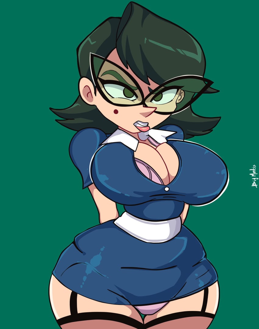 bangs big_breasts bigmantis black_hair blue_dress breasts buttoned_shirt cartoon_network cleavage dress eleanor_butterbean exposed_bra exposed_panties female female_only garter_straps glasses green-tinted_eyewear large_breasts mole_under_eye panties short_hair stockings sunglasses the_grim_adventures_of_billy_and_mandy thick_thighs tinted_eyewear wide_hips