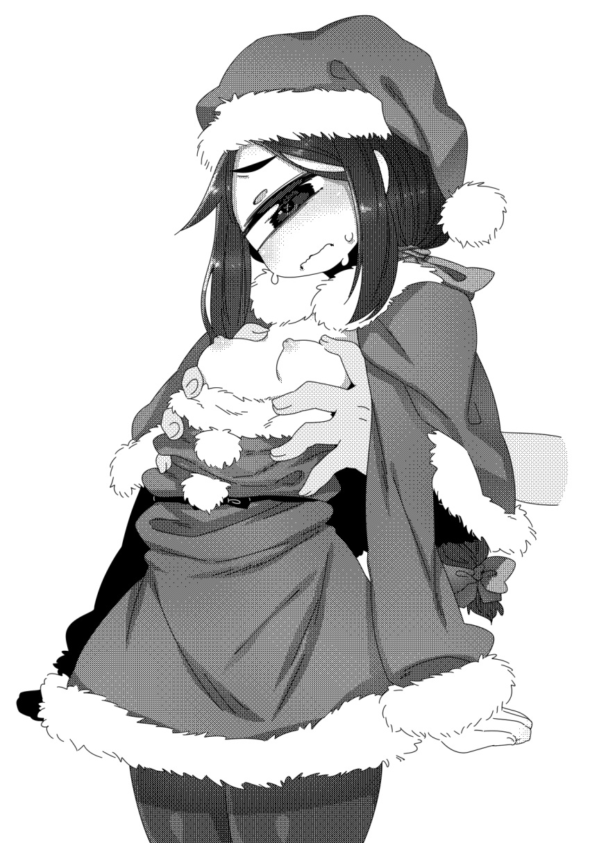 arms_at_sides blush breasts breasts_out closed_mouth cowboy_shot cyclops dress female fur-trimmed_dress fur-trimmed_headwear fur_trim grabbing grabbing_from_behind greyscale hat head_tilt highres long_hair long_sleeves looking_at_viewer monochrome muku-chan_(muroku) muroku_(aimichiyo0526) nipples one-eyed original pantyhose santa_hat simple_background small_breasts solo standing wavy_mouth white_background