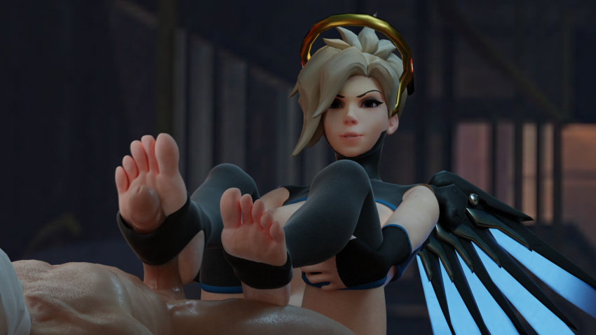 1boy 1girls 3d 3d_(artwork) angela_ziegler blizzard_entertainment blonde_hair blue_eyes faceless_male feet foot_fetish foot_focus footjob footjob_with_legwear mercy overwatch penis propor_(artist) smile smiling sole_sliding_footjob soles stirrup_footjob stirrup_legwear stirrup_socks toeless_legwear toeless_socks toes toes_spread white_hair