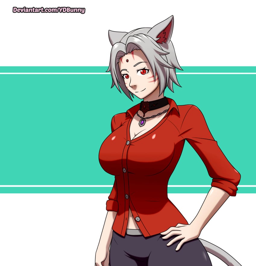 animated breast_expansion bursting_breasts button_down_shirt cat_ears cat_tail female female_only huge_breasts mikata_(sukkurokun) miqo'te original original_character sukkurokun wardrobe_malfunction ydbunny