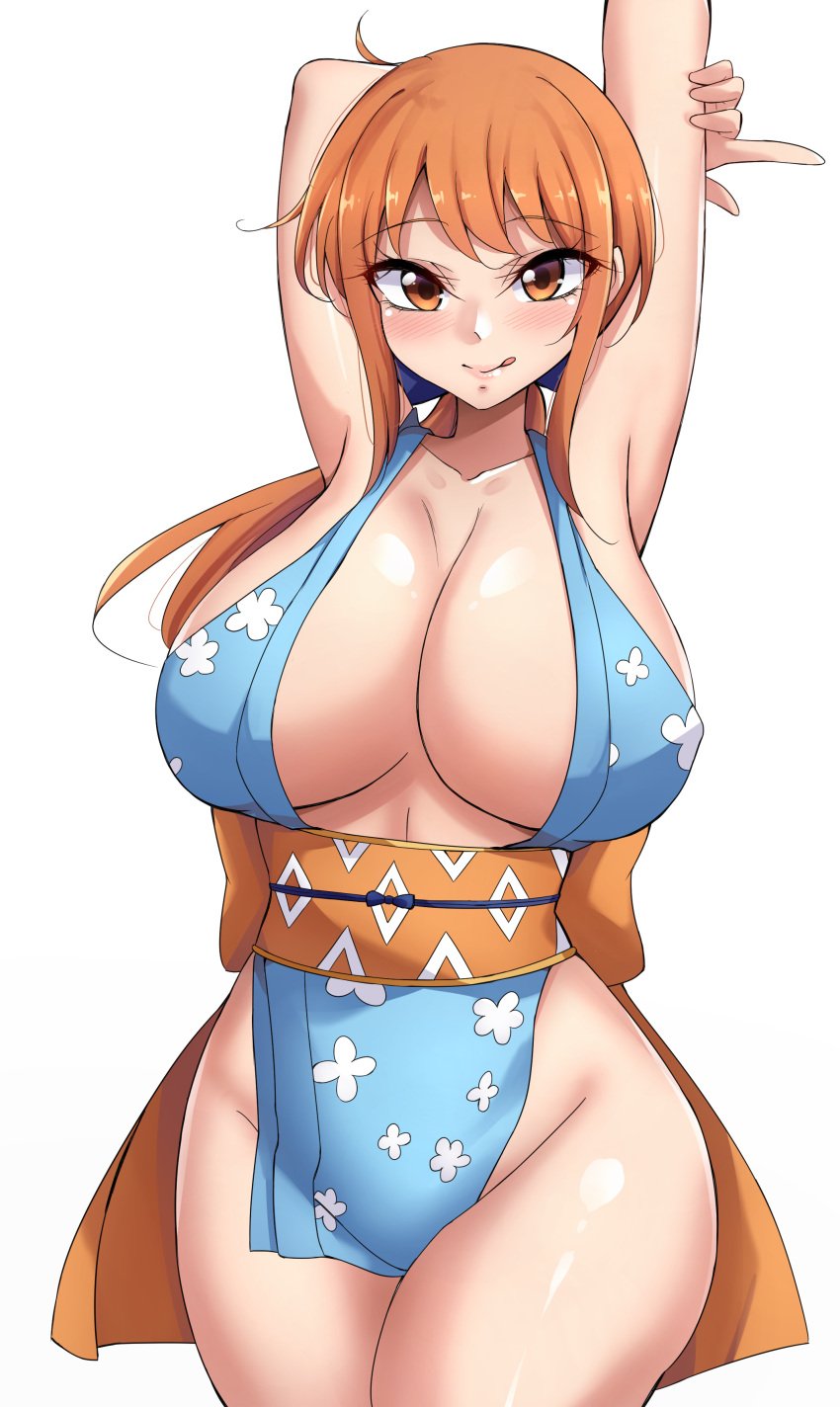 alternate_breast_size armpits arms_above_head arms_up big_breasts cleavage female female_only huge_breasts kimono kunoichi large_breasts looking_at_viewer mistynight nami onami one_piece orange_eyes orange_hair revealing_clothes sideboob skimpy