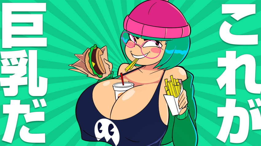 1girls alternate_version_available artist_name atomickingboo background between_breasts big_breasts breasts burger burger_king cleavage cup curvaceous curvy female fries gamer_girl glasses green_hair hourglass_figure japanese_text legs light-skinned_female light_skin lower_body moni_peiper original original_character punk_girl short_hair simple_background thick thick_legs thick_thighs thighs upper_body voluptuous