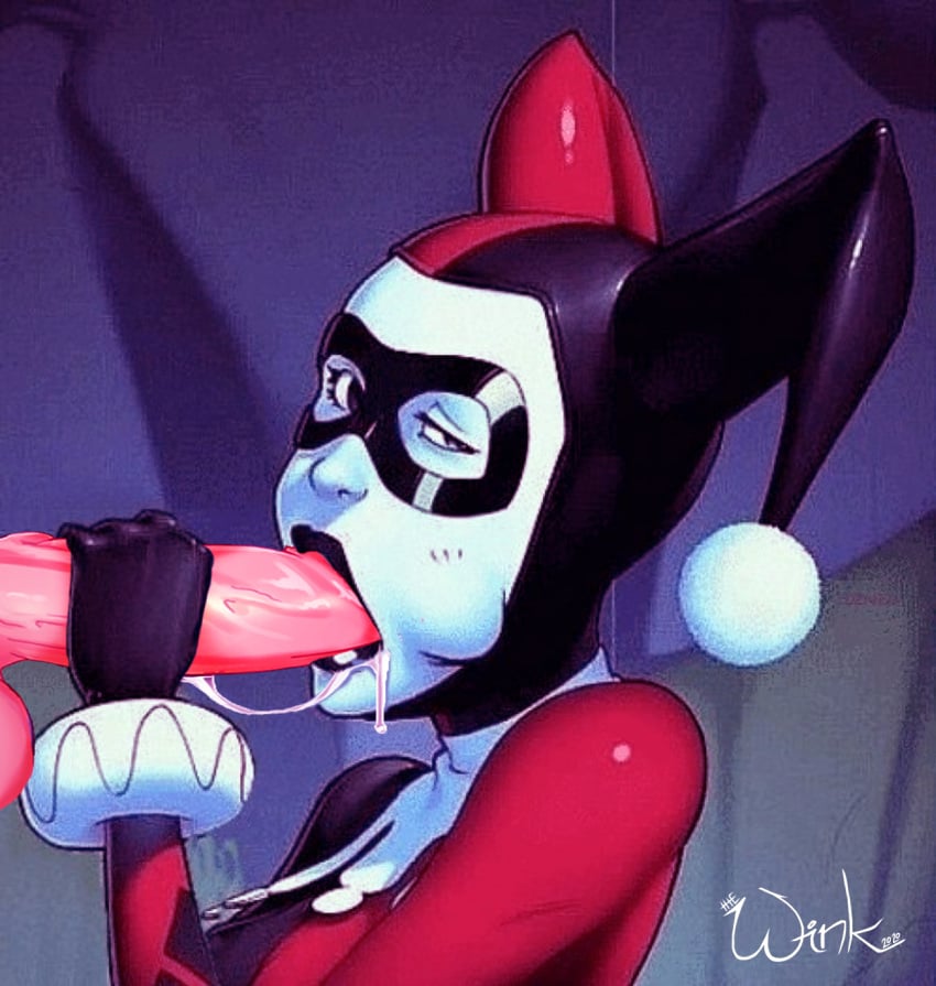 1girls batman:_the_animated_series batman_(series) big_penis black_lipstick blowjob cheek_bulge dc dc_comics drooling edit fellatio female female_focus harley_quinn harley_quinn_(classic) huge_cock lipstick makeup mask oral sucking thewink