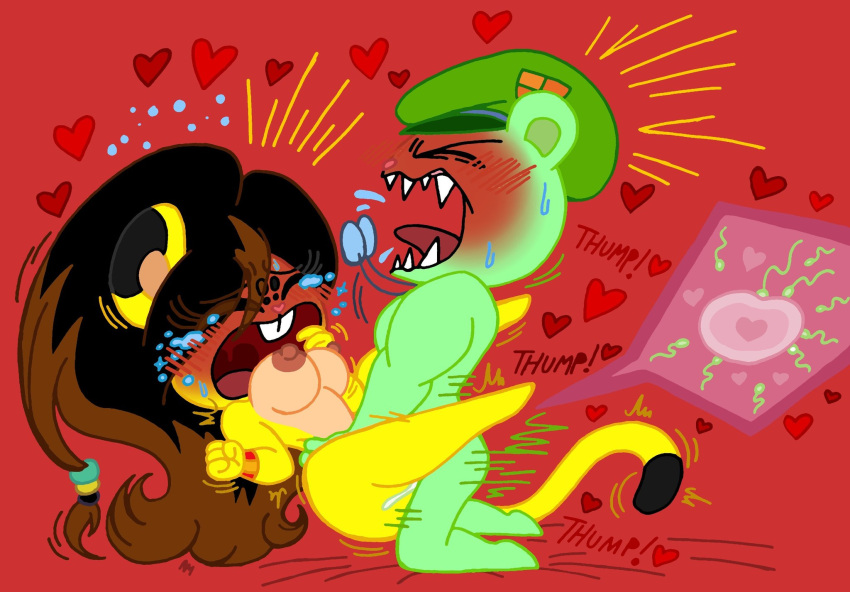 bear blush bodily_fluids buckteeth cougar fan_character feline flippy_(htf) furry green_fur happy_tree_friends impregnation large_breasts lilli_villa ovum tears vaginal_penetration virginie_(lilli_villa) yellow_fur