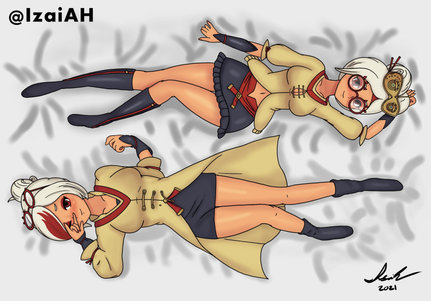 2girls age_of_calamity aged_up breasts breath_of_the_wild clothing dakimakura glasses glasses_on_head hyrule_warriors:_age_of_calamity izai_ah izaiah_(artist) laying_down looking_at_viewer multiple_girls nintendo peace_sign purah purah_(age_of_calamity) purah_(breath_of_the_wild) red_eyes red_hair sheikah short_hair the_legend_of_zelda thighs two_tone_hair white_hair