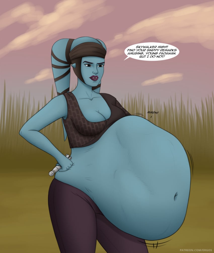 1girls aayla_secura alien belly belly_bulge big_belly big_breasts blue_skin breasts cleavage clothing dialogue ergos female hand_on_hip huge_belly large_breasts post_vore same_size_vore star_wars text twi'lek vore