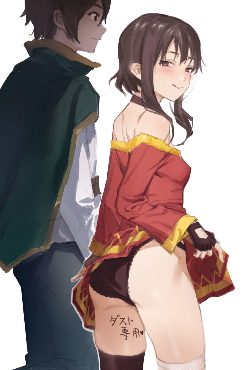 ass bare_shoulders big_ass black_panties body_writing cheating cuckold dress dress_lift flat_chest flat_chested japanese_text kono_subarashii_sekai_ni_shukufuku_wo! lifted_by_self looking_at_viewer megumin panties satou_kazuma setuxiaohao skirt_lift tattoo thigh_highs thighhighs tongue tongue_out underwear upskirt