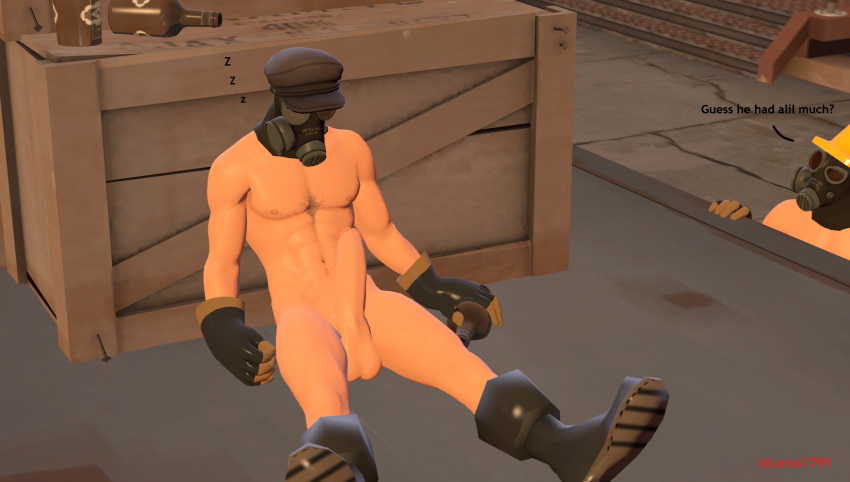 2boys 3d abs asleep beer beer_bottles boots bottles cap chest_tuft crate drunk erect_while_sleeping erection gas_mask gloves large_balls large_penis legs_apart male_focus male_only mostly_offscreen_character muscular nude pecs pyro pyro_(team_fortress_2) sleeping solo_male team_fortress_2 traffic_cone