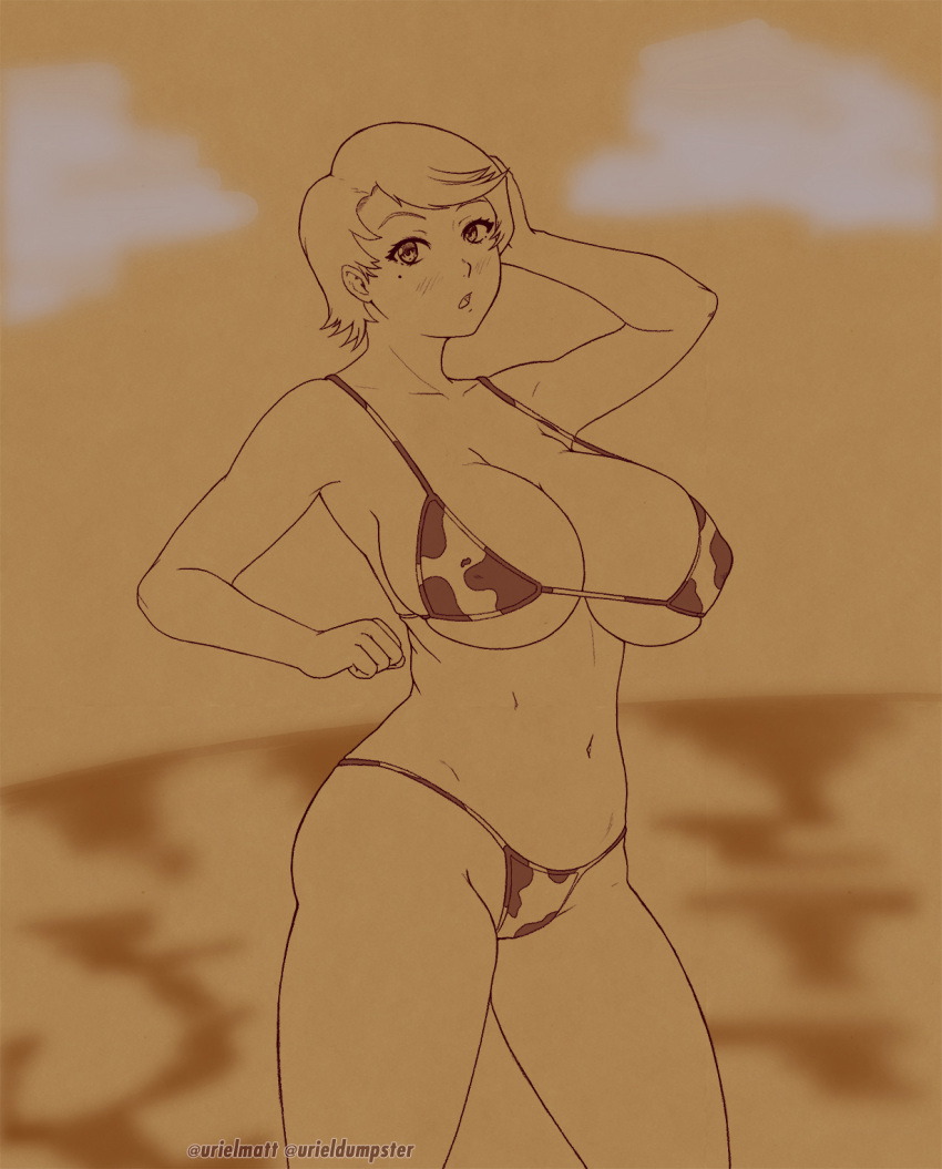 beach big_ass big_breasts bikini breasts cow_print female full_body large_breasts mai_hime my-hime navel simple_background solo standing swimsuit urielmatt