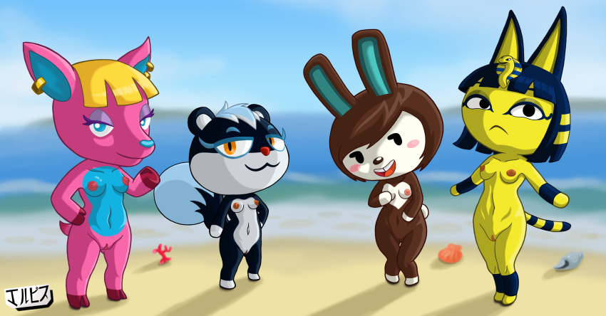 2021 4girls absurd_res alternate_breast_size animal_crossing ankha anthro beach carmen_(animal_crossing) cervid domestic_cat felid feline felis female female_only fuchsia_(animal_crossing) fur furry furry_only genitals group hi_res jackintaro lagomorph leporid looking_at_viewer mammal nintendo nipples nude pussy rabbit rodent sciurid seaside tail tasha_(animal_crossing) video_games