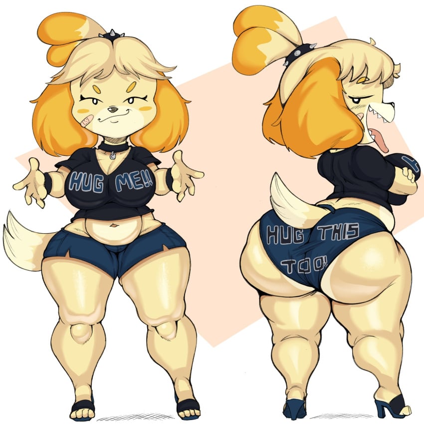 1girls animal_crossing ass big_butt booty_shorts bullybelle_(purple_yoshi_draws) choker chubby female_focus female_only isabelle_(animal_crossing) midriff muffin_top nintendo plump purple_yoshi_draws shortstack skindentation solo thick thick_thighs