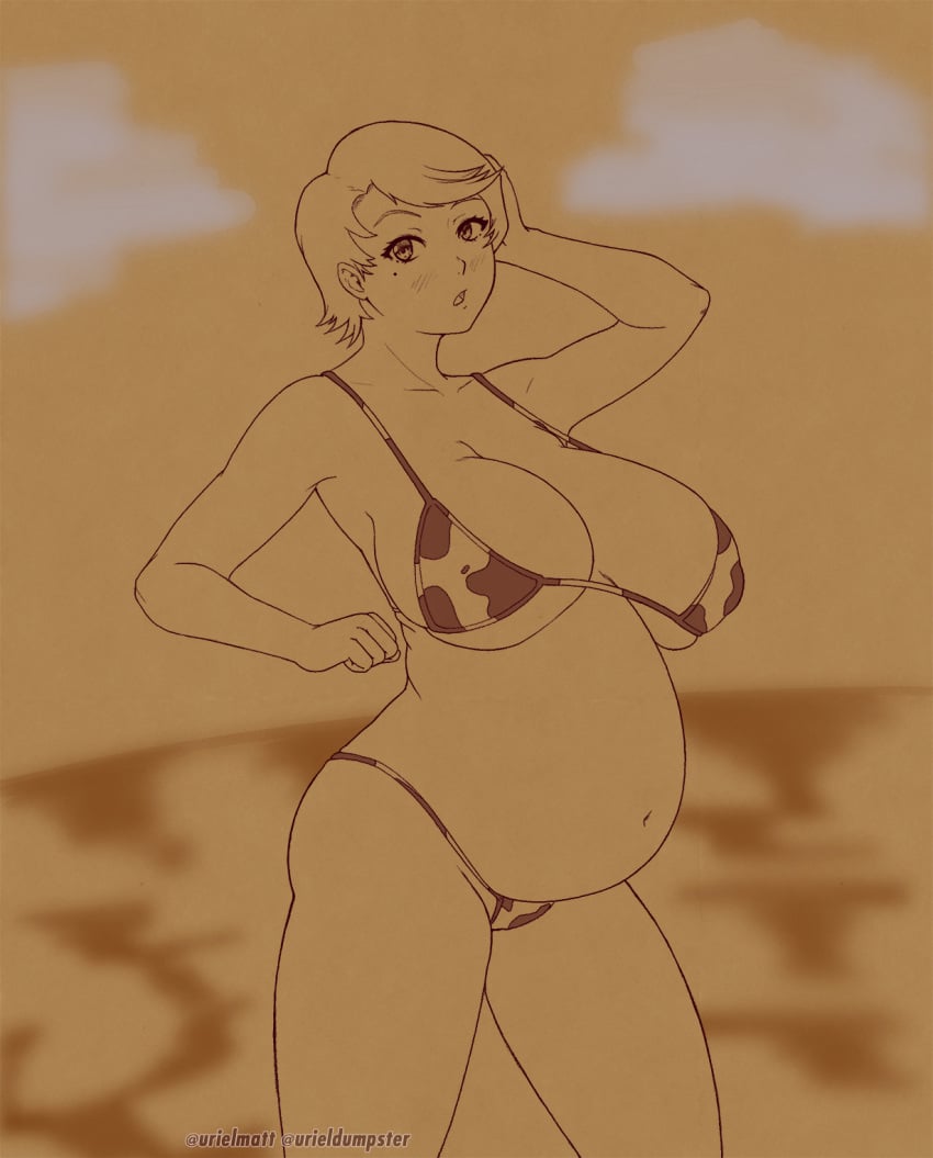 beach big_ass big_breasts bikini breasts cow_print female full_body large_breasts mai_hime my-hime navel pregnant simple_background solo standing swimsuit urielmatt