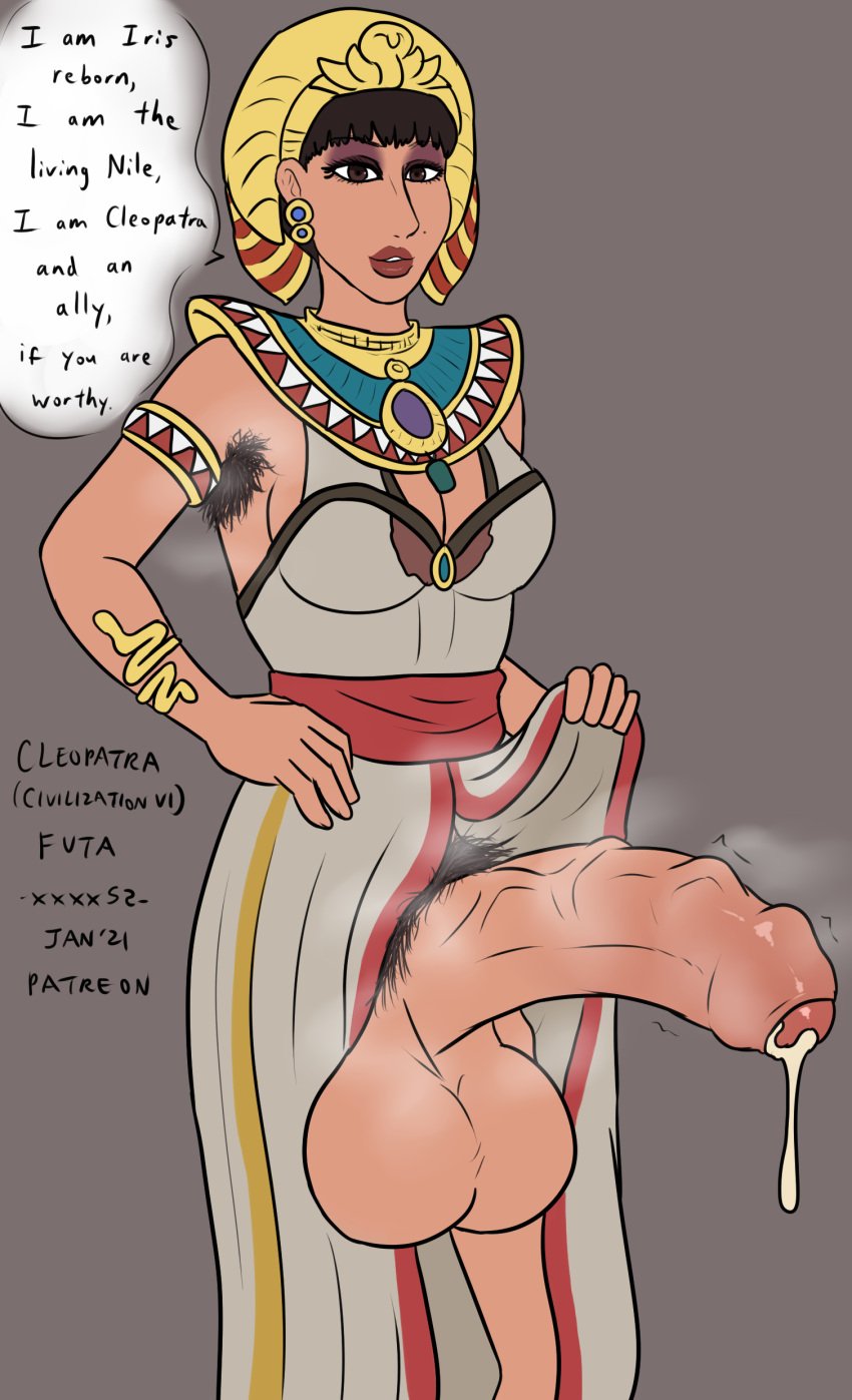 1futa armpit_hair civilization civilization_vi cleopatra dripping_cum egyptian egyptian_clothes english_text futa_only futanari huge_cock hyper_balls hyper_penis looking_at_viewer mole musk musky_cock patreon pubic_hair smelly text uncircumcised uncut xxxx52