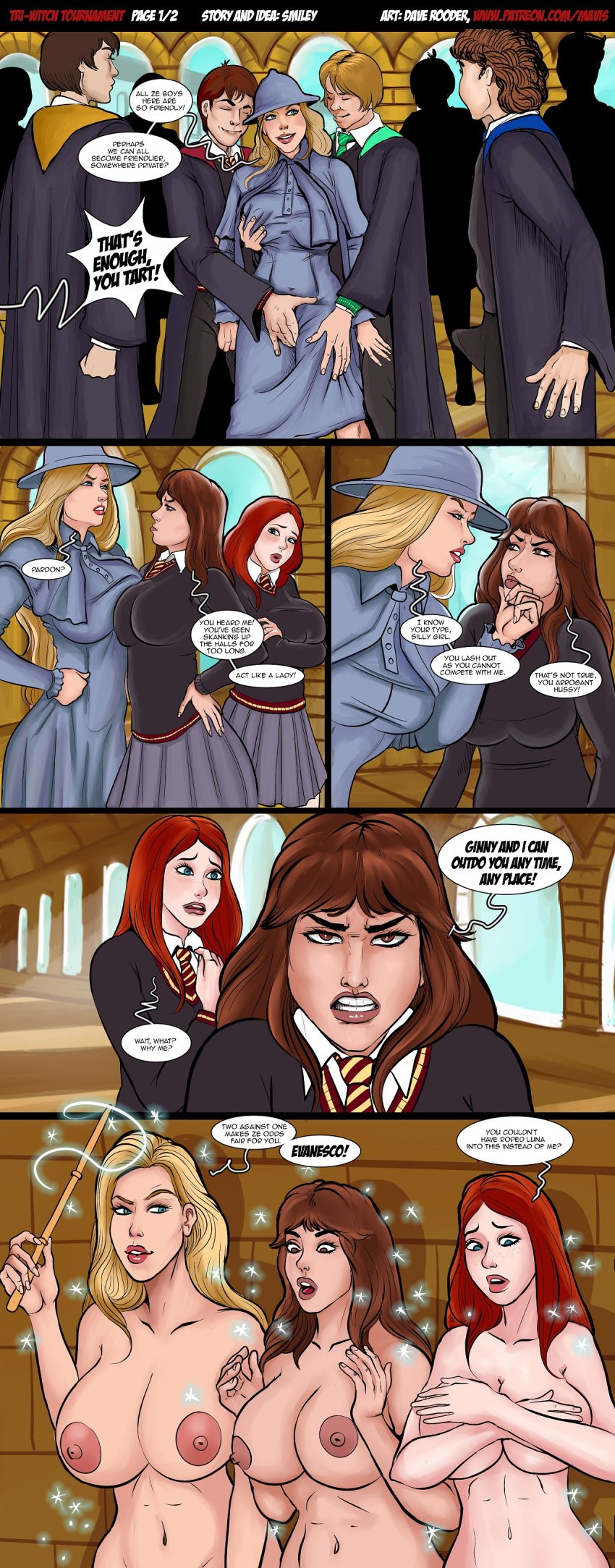 3girls angry beauxbatons big_breasts blonde_hair blue_clothing blue_dress blue_eyes blue_hat blue_headwear breast_press breasts brown_eyes brown_hair brunette castle chin_grab clothed clothing comic competition dialogue disappearing_clothes dress english_text erection erection_under_clothes exhibitionism fantasy female fingering fleur_delacour forced_exposure freckles french ginger ginny_weasley groping groping_breasts groping_from_behind groping_through_clothes group gryffindor hallway hand_on_another's_head hand_on_head harry_potter harry_potter_and_the_goblet_of_fire hat head_grab headwear hermione_granger hetero hogwarts houses hufflepuff human imminent_sex inter-house large_breasts lipstick magic magic_user magic_wand male mavruda multiple_boys multiple_girls nipples nude orgy outdoor_nudity outside page_1 page_number pink_lipstick public public_nudity public_sex public_use ravenclaw red_hair redhead school_uniform schoolgirl schoolgirl_uniform slytherin squeezing standing straight student surrounded teeth teeth_clenched text threesome undressing voyeur wand watching witch