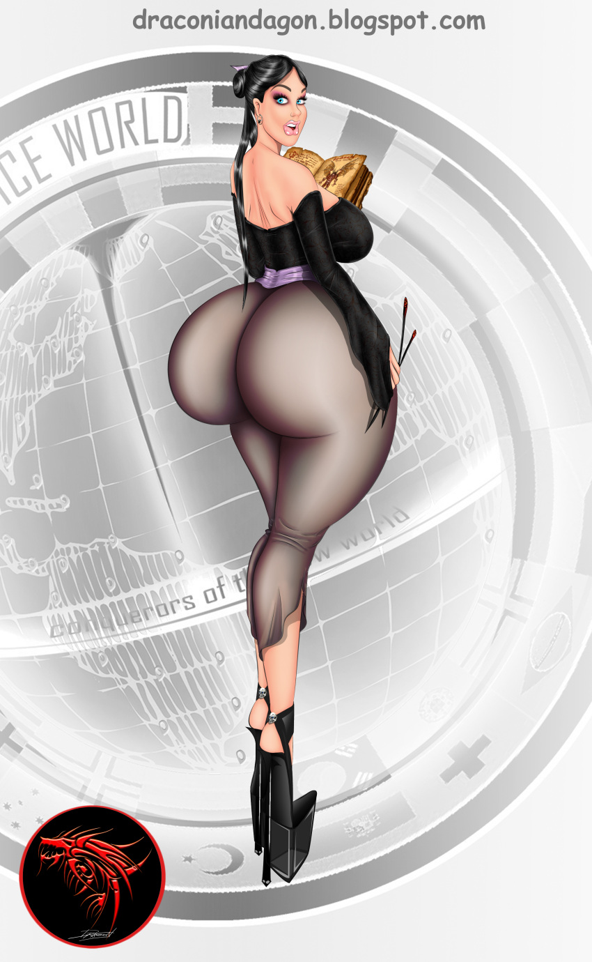 ass big_ass big_breasts bimbo book breasts capri_pants chopsticks comic dragonfreelance female female_only hips huge_ass illustration legs lips milf pale-skinned_female pale_skin platform_heels pose solo_female thick_thighs thighs turning wide_hips