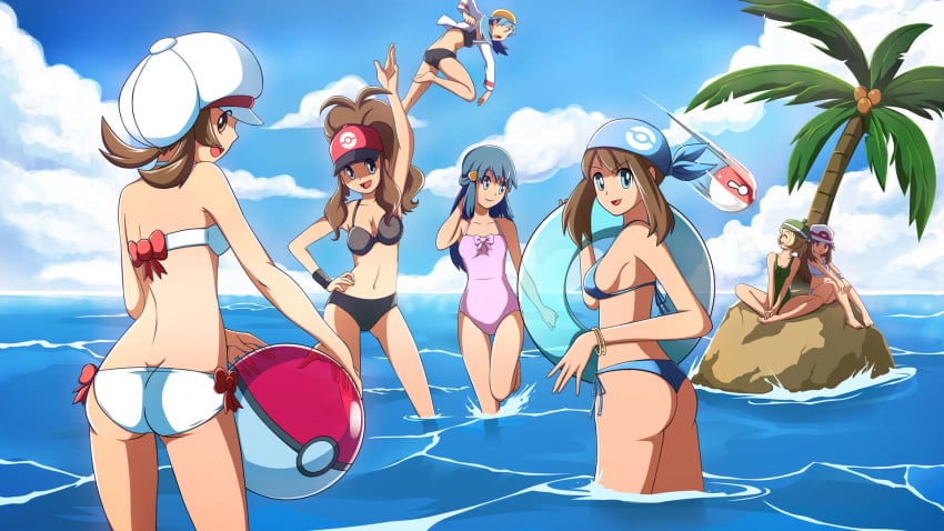 6+girls 7girls alternate_costume ass bandana beach beach_ball bianca_(pokemon) bikini black_bikini black_swimsuit blue_bandana blue_bikini blue_swimsuit brown_hair dawn_(pokemon) dmy-gfx female_only game_freak hilda_(pokemon) kris_(pokemon) leaf_(pokemon) looking_at_viewer lyra_(pokemon) may_(pokemon) multiple_females multiple_girls nintendo pokemon pokemon_bdsp pokemon_bw pokemon_dppt pokemon_frlg pokemon_gsc pokemon_hgss pokemon_rse pokemon_trainer scott_bennett swimsuit voltorb white_bikini white_swimsuit