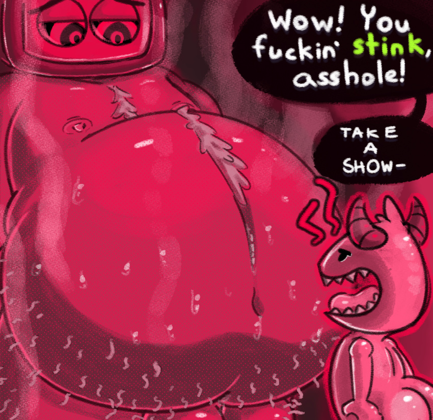 2021 anthro ass belly belly_hair big_belly biped bodily_fluids body_hair demon dialogue duo english_text for_a_head horn humanoid hypnosis imp koalarobot_(artist) male mind_control musk navel nipples not_furry nude obese obese_anthro object_head open_mouth overweight overweight_anthro overweight_male profanity ringed_eyes sharp_teeth simple_background smelly sweat teeth television text tongue toony