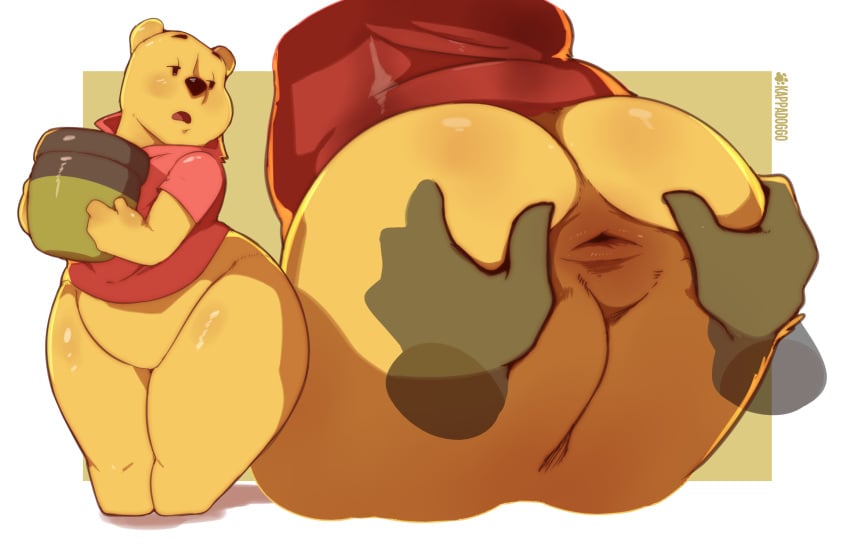 2020 2021 ambiguous_gender anthro anus ass big_butt blush bottomless butt butt_grab clothed clothing disembodied_hand disney duo fur furry girly hand_on_butt hi_res kappadoggo male male/ambiguous mammal pooh_bear smooth_skin spread_butt spreading topwear ursid winnie_the_pooh_(franchise) yellow_body yellow_fur