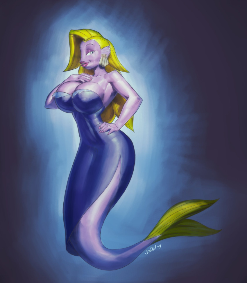 1girls angel_jones anthro big_breasts big_lips blonde_hair breasts busty cleavage dress eyeshadow female female_focus female_only fish fish_police hourglass_figure huge_breasts jindragowolf large_breasts lipstick long_hair makeup pinup pinup_pose pose posing purple_skin seductive solo tagme thick_lips wide_hips