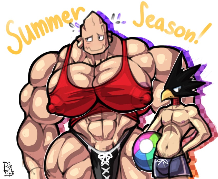 aged_up ball blushing bobthetanuki bodybuilder extrasizedbob fumikage_tokoyami gay huge_biceps huge_bulge huge_muscles huge_nipples huge_pecs koji_kouda kouda_kouji male_only my_hero_academia size_difference skinny speedo summer swimwear tokoyami_fumikage