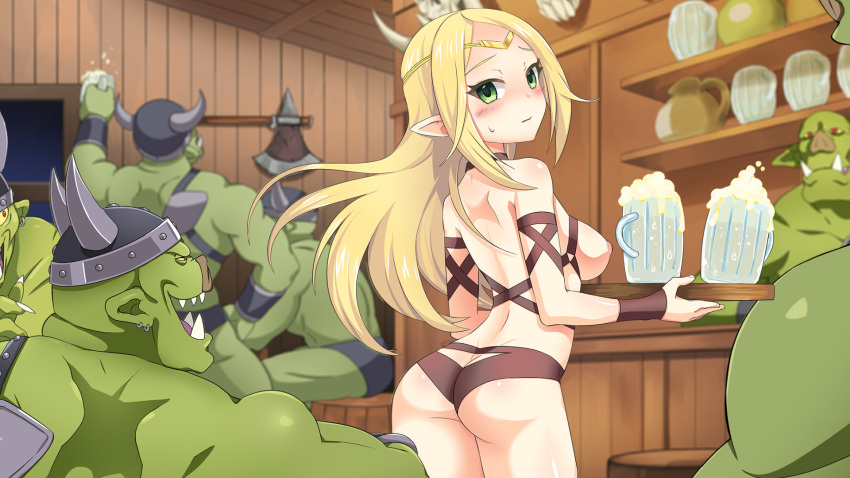 6boys alcohol areolae ass bare_shoulders beer beer_mug blonde_hair blush breastless_clothes breasts closed_mouth cowboy_shot cup elf elf_ears elf_female elf_girl elven_conquest eyebrows_visible_through_hair faye_(elven_conquest) female game_cg highres indoors light-skinned_female light_skin long_hair looking_at_viewer looking_back male medium_breasts mug multiple_males nipples orc orc_male pinktea pointy_ears public_topless solo_focus tavern topless topless_female upper_body waitress