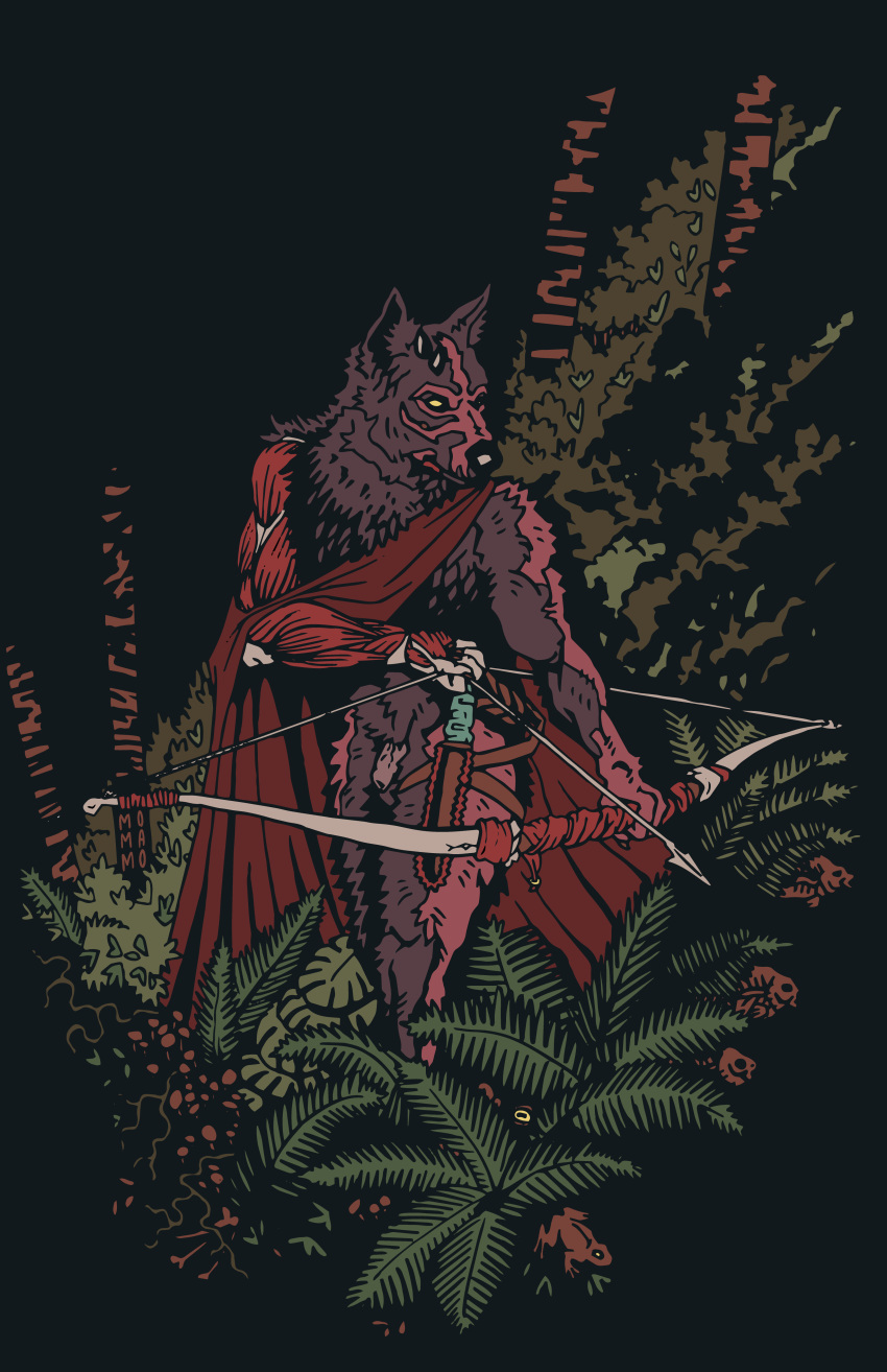 absurd_res anthro arrow balls biceps bow_(weapon) brown_body brown_fur canid canine canis cape citlaleztli cloak clothed clothing dagger digital_media_(artwork) flaccid foreskin forest fur furry genitals hi_res holding_object holding_weapon horn humanoid_genitalia humanoid_penis hunting knife male male_only mammal melee_weapon momamo muscular muscular_anthro muscular_male outside partially_clothed penis plant ranged_weapon red_body red_clothing red_fur solo tree walking weapon wolf yellow_eyes