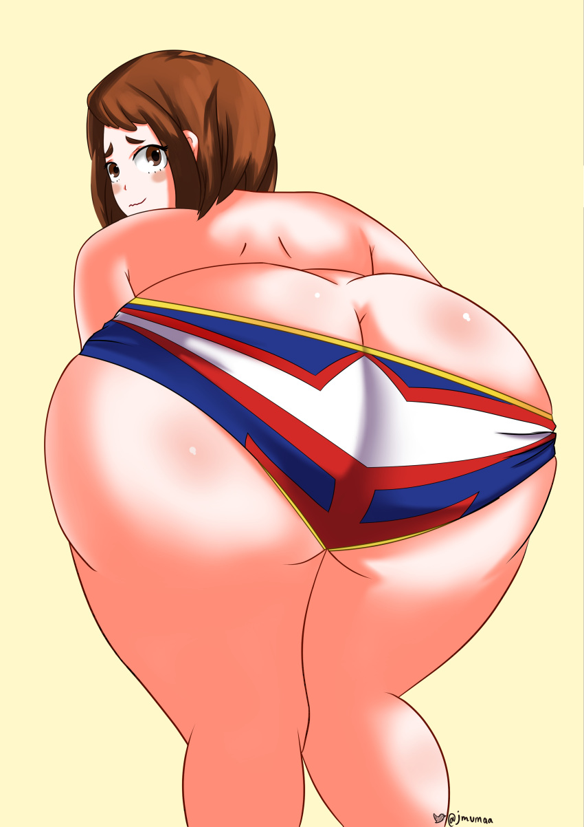 1girls ass ass_focus ass_up big_ass big_butt brown_eyes brown_hair butt_crack eyebrows female female_only jmvmaa looking_at_viewer looking_back my_hero_academia nervous nervous_smile ochako_uraraka panties panties_down panties_removed rear_view solo solo_female thick_thighs thighs