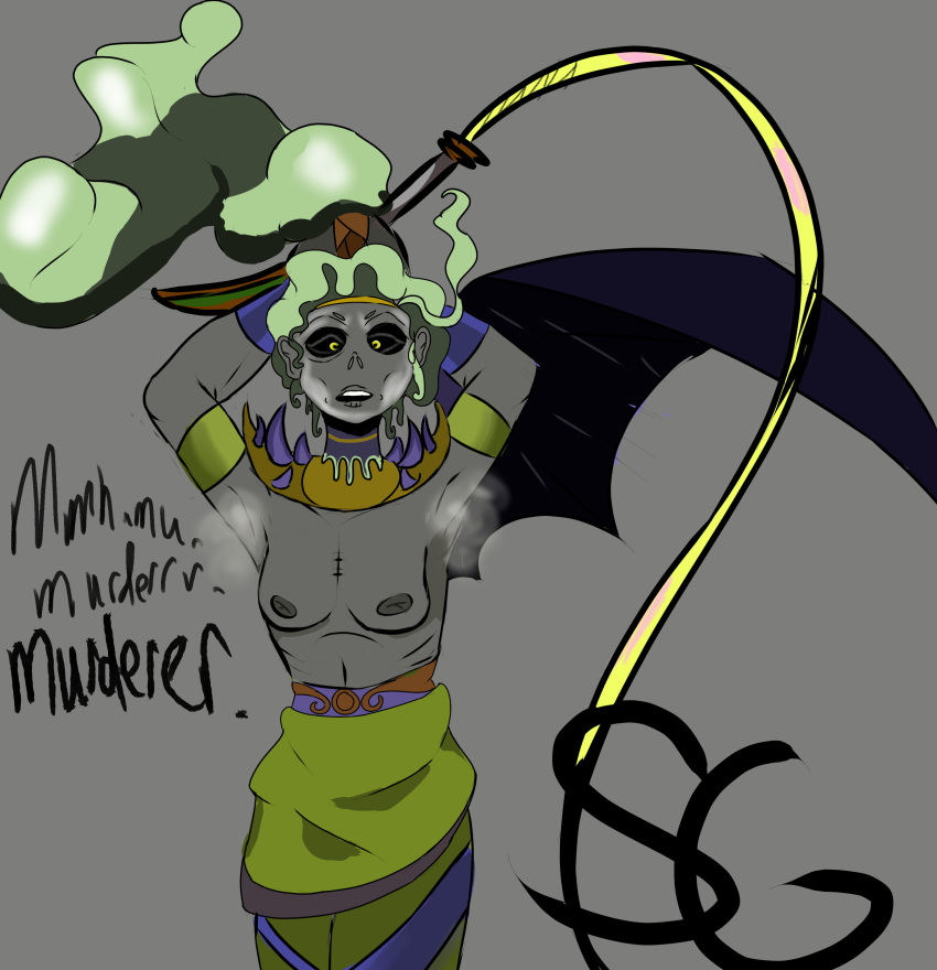 armpits arms_up black_sclera confusion female furies greek_mythology green_hair grey_skin hades_(game) monster mythology ponytail scribblygumbo small_breasts tisiphone tisiphone_(hades) whip wings yellow_eyes