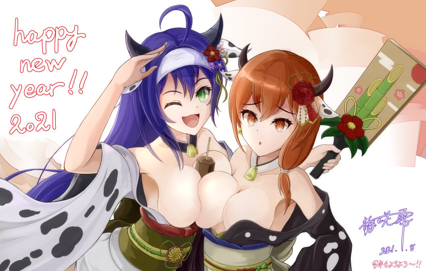 2021 2girls :d :o ahoge animal_print asymmetrical_docking bare_shoulders blue_hair body_writing braid breast_press breasts breasts_out chinese_zodiac convenient_censoring cow_print crown_braid dated facepaint fire_emblem fire_emblem:_path_of_radiance fire_emblem:_radiant_dawn fire_emblem:_three_houses flower food_between_breasts green_eyes hagoita hair_flower hair_ornament happy_new_year headband highres japanese_clothes kimono large_breasts leonie_pinelli long_hair looking_at_viewer mia_(fire_emblem) multiple_girls new_year nintendo obi off_shoulder omikuji one_eye_closed open_mouth orange_eyes orange_hair paddle print_kimono ryuusaki_rei sash smile white_headband wide_sleeves year_of_the_ox