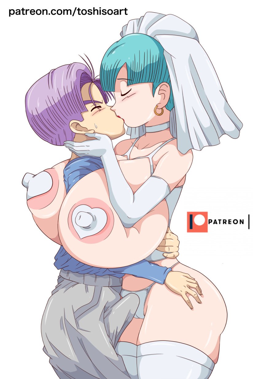 1boy 1girls bride bulma_briefs clothed_male dragon_ball dragon_ball_z erection_under_clothes heart_pasties hoop_earrings huge_breasts incest kissing milf mother_and_son panties pasties shounen_jump tagme toshiso trunks_briefs wedding_lingerie wedding_pasties wedding_veil white_heart_pasties white_pasties