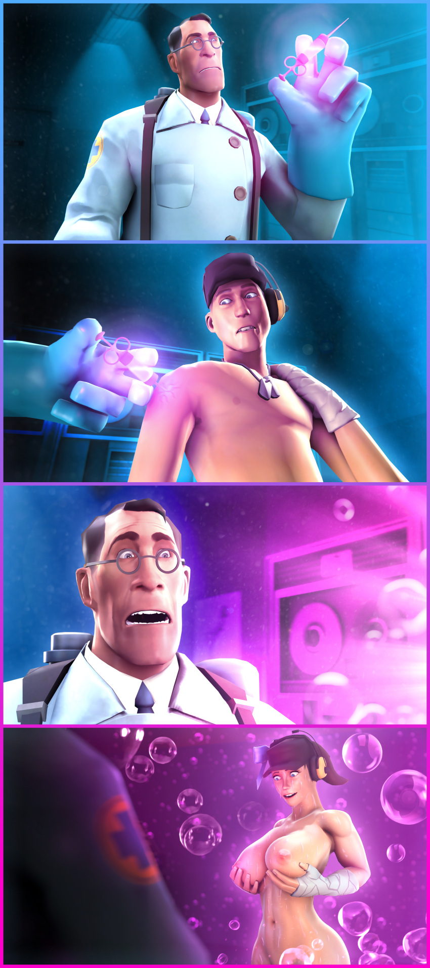 big_breasts breast_expansion bubbles clothing comic female femfortress femscout gender_bender gender_transformation hair_growth happy holding_breast human injection medic_(team_fortress_2) medicine mostly_nude mtf_transformation rule_63 scout soap source_filmmaker syringe team_fortress_2 transformation