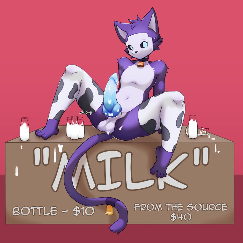 1:1 absurd_res anthro balls bodily_fluids canid clothing cum domestic_cat english_text erection felid feline felis genital_fluids genitals hi_res male mammal masc0t361 milk nude penis solo text