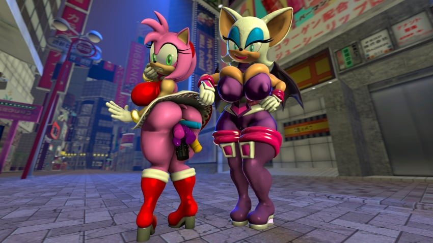 2girls 3d 3d_model amy_rose anthro anthro_only dildo dildo_in_ass female_only green_eyes huge_breasts large_breasts lifting_skirt mobian mobian_(species) mobian_bat multiple_dildos nipple_bulge pink_fur pink_lipstick rouge_the_bat rouge_the_bat_(heroes) sega sex_toy shocking_(artist) sonic_(series) sonic_adventure_2 sonic_heroes sonic_the_hedgehog_(series) source_filmmaker tagme teal_eyes thick_thighs vibrator vibrator_under_clothes white_fur