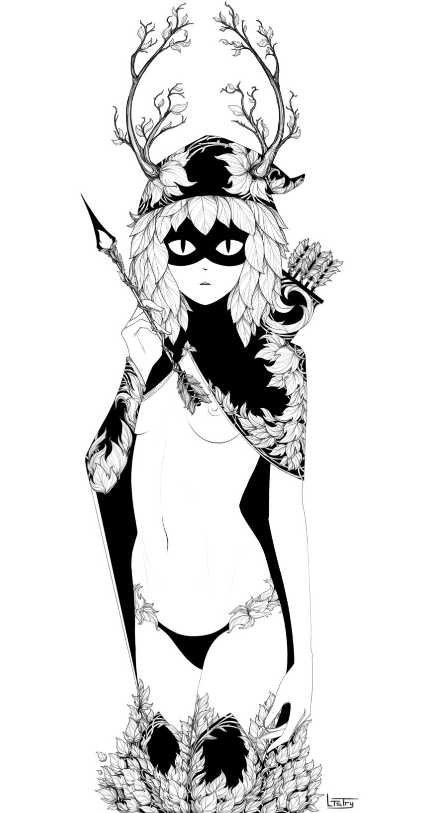 1girls adventure_time arrow breasts breasts_out cape cat_eyes hood horns huntress_wizard line_art ltstry mask monochrome simple_background solo standing