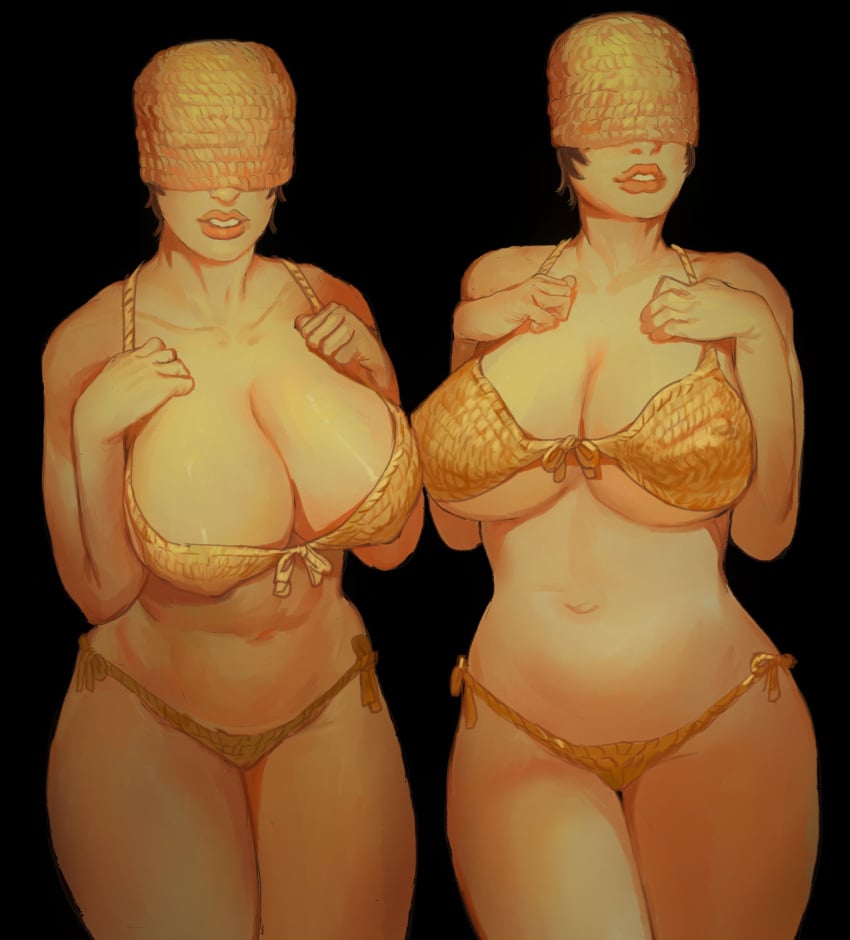 2020 2girls bikini black_background blindfolded cleavage curvy female large_breasts lips mossa pose short_hair standing underboob venus_of_willendorf