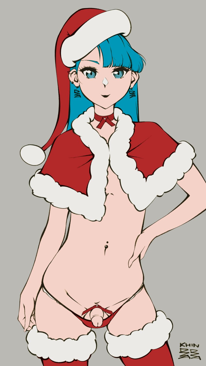 1futa ball_bulge balls balls_in_panties balls_under_clothes blue_hair breasts christmas christmas_outfit cute earrings flaccid flat_chest futa_only futanari goth hairband hand_on_hip intersex khin_(khindzadza) khindzadza long_hair looking_at_viewer panties panty_bulge penis penis_out penis_ribbon pose posing ribbon ribbon_on_penis santa_hat small_balls small_penis smile solo standing teal_eyes teal_hair testicles thong uncut