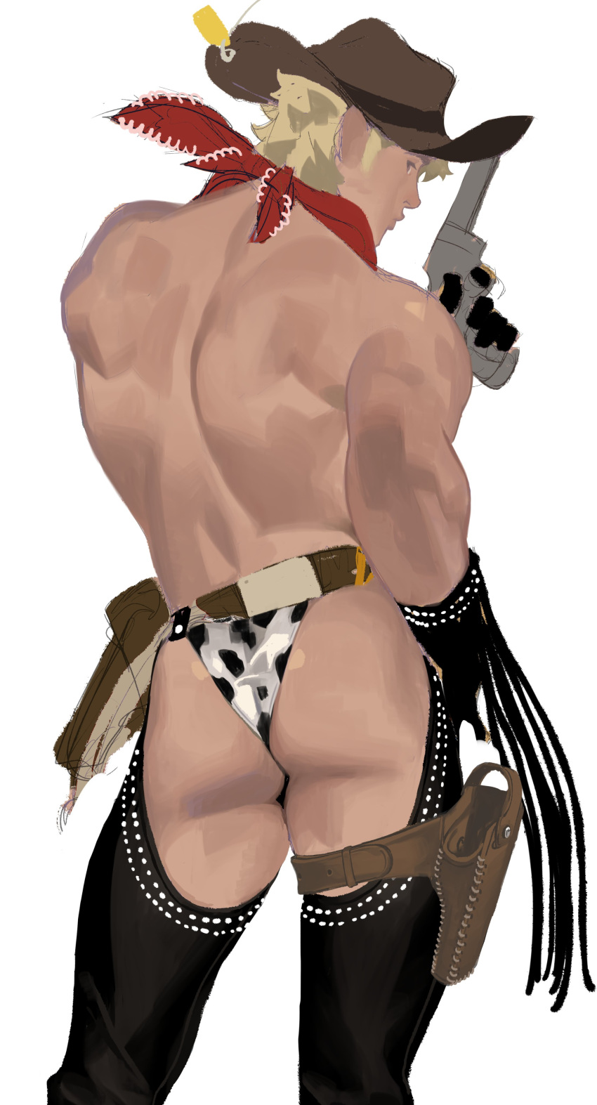 1boy ass ass_focus assless_chaps bandana bara blonde_hair cow_print cow_print_thong cowboy cowboy_hat cowboy_outfit facing_away firearm garter gloves gun handgun holster horikwawataru leg_garter looking_at_viewer looking_back male_only muscular muscular_male original posing revolver solo_male thong toned toned_male weapon