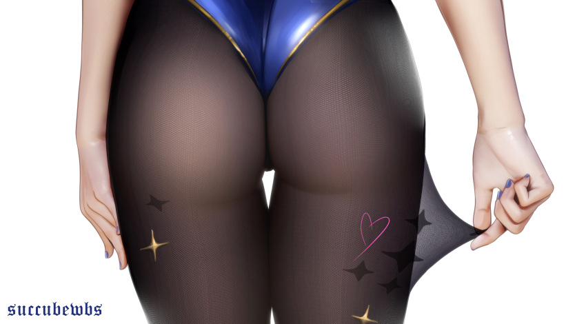 ass ass_visible_through_thighs black_stockings butt_focus close-up genshin_impact legwear leotard mona_(genshin_impact) pantyhose plain_background simple_background solo solo_female succubewbs tights white_background