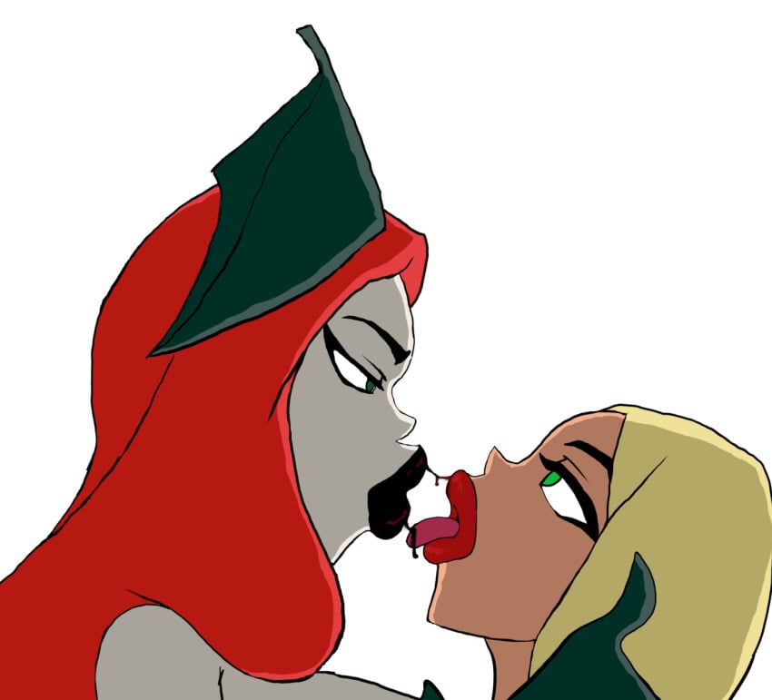 2girls batman_(series) black_lipstick blonde_hair dc_comics green_eyes justice_league_action kara_danvers kara_zor-el kissing lipstick looking_at_partner multiple_girls nekomajinheika nekomajinsama pamela_isley poison_ivy red_hair supergirl thick_lips tongue_out yuri