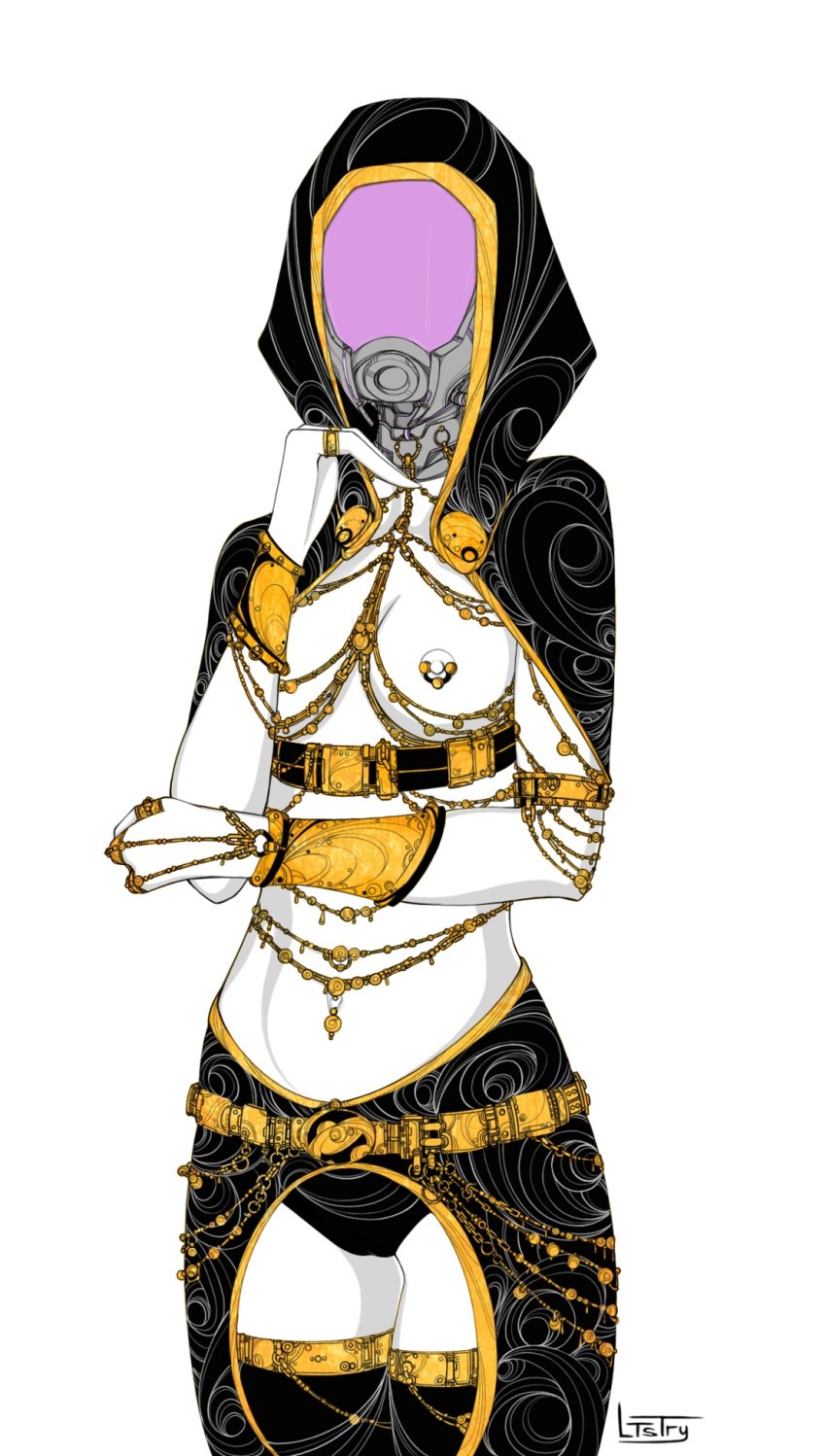 1girls 3_fingers alien_girl bioware breasts female female_only helmet hood ltstry mask mass_effect nipple_piercing panties quarian solo solo_female standing tali'zorah_nar_rayya thighhighs white_background white_skin